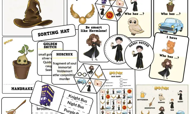 Zestaw kart do gry i materiały do zabaw z Harrym Potterem: Tiara Przydziału, Złoty Znicz, Mandragora, Hedwiga, latający samochód i inne.