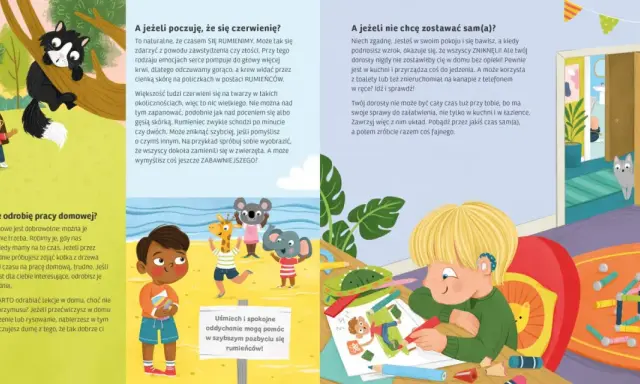 Ilustracja z książki dla 5 latka: dzieci bawią się z pluszakami, chłopiec rysuje, kot zagląda przez drzwi.