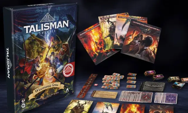 Talisman Sojusze: dodruk gry z magią, potworami i mieczem. Zestaw zawiera pudełko, karty i żetony.
