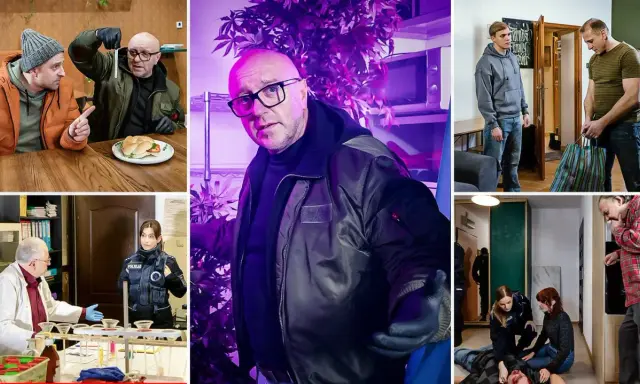 Policja prowadzi śledztwo w sprawie podejrzanej działalności. Widać funkcjonariuszy w akcji, przesłuchania i zabezpieczanie dowodów.
