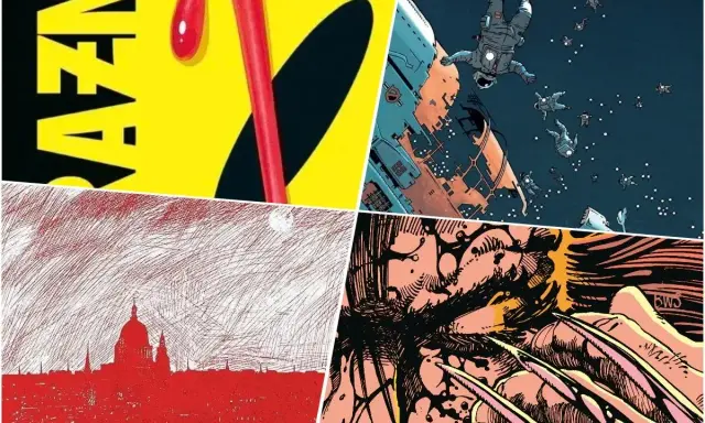 Kolaż z najlepszymi komiksami: neonowy napis, astronauci w kosmosie, czerwona panorama miasta i Wolverine.