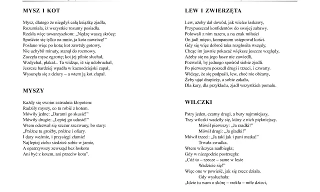Monachomachia streszczenie: mysz próbuje przekonać kota do rozmowy, ale ten ją zjada. Bajka o lwie i zwierzętach, oraz o myszach i wilczkach.