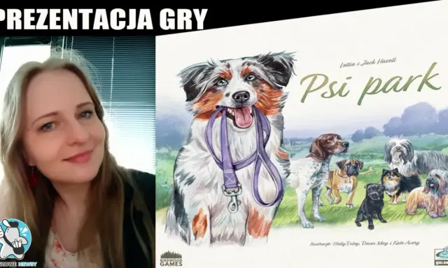Kobieta prezentuje grę planszową "Psi park" z wesołymi psami na okładce.