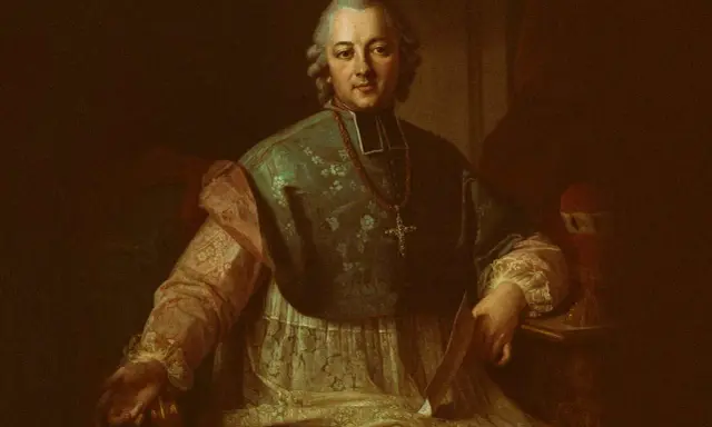 Portret Ignacego Krasickiego w stroju duchownym, z krzyżem na szyi.