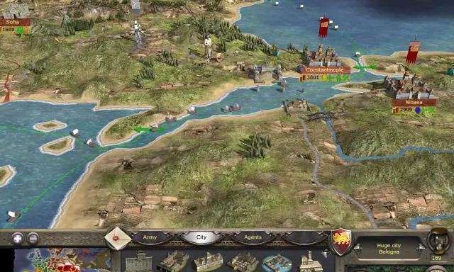 Mapa strategiczna z miastami jak Konstantynopol i Nicaea. Widać floty na morzu i wojska na lądzie. To klasyczne gry strategiczne po polsku.