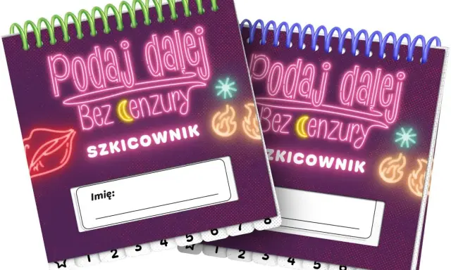 Dwa szkicowniki "Podaj dalej bez cenzury" z neonowymi ustami i płomieniami. Idealne do swobodnych notatek i rysunków.