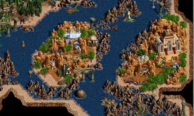 Wyspa z budynkami i jednostkami, przypominająca mapę z Heroes 3. Przystań dla bohaterów, pełna skarbów i tajemnic.