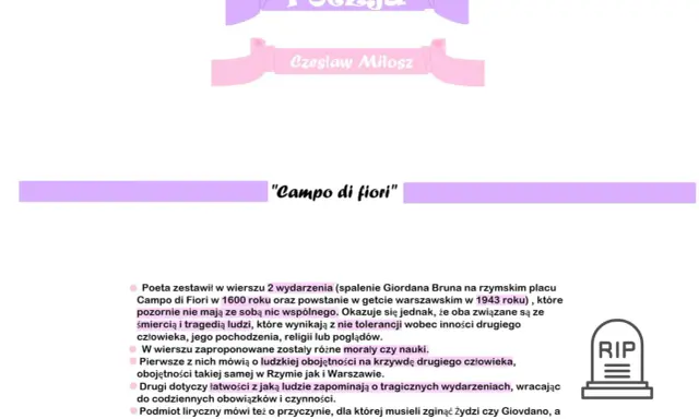 Wiersz "Campo di fiori" Czesława Miłosza zestawia spalenie Giordana Bruna i powstanie w getcie warszawskim, ukazując obojętność i brak tolerancji.