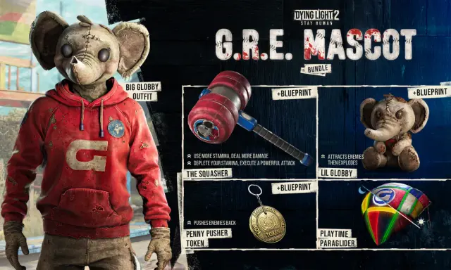 Postać z Dying Light 2 w stroju "Big Globby Outfit", młot "The Squasher", pluszowy słoń "Lil Globby" i paralotnia "Playtime Paraglider" z pakietu G.R.E. Mascot.