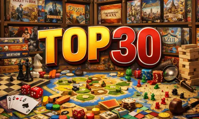 Planszówki na półkach i stole: "TOP 30" gier, kości, karty, pionki i plansza.