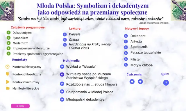 Młoda Polska: Symbolizm i dekadentyzm jako odpowiedź na przemiany społeczne. Strona zawiera program, lektury, multimedia i motywy epoki.