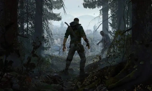 Gracz w Dying Light przygotowuje się do walki z zombie, miasto w tle. Czas gry toczy się dalej.