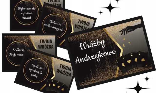 Złote karty i błyszczące napisy zapowiadają magiczne gry na andrzejki: "Wybierzesz się w podróż marzeń", "Czeka Cię wielka przygoda", "Spełni się Twoje marz", "Spotkasz życzliwą Ci osobę".