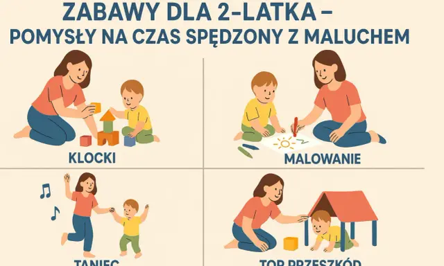 Pomysły na zabawy dla dwulatka w domu: budowanie z klocków, malowanie, taniec i tor przeszkód.