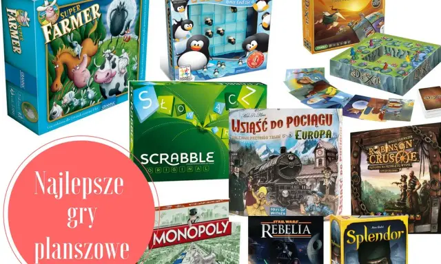 Kolekcja najlepszych gier planszowych: Super Farmer, Pingwiny na lodzie, Scrabble, Monopoly, Dixit, Usiąść do pociągu, Robinson Crusoe, Rebelia i Splendor.