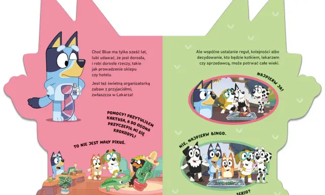 Bluey i jej rodzina bawią się w lekarza. Wesołe postacie Bluey i jej przyjaciół w różnych scenkach.