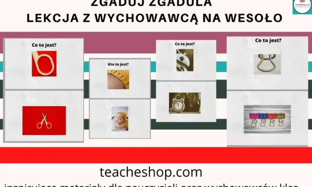 Zabawy na godzinę wychowawczą: zgaduj zgadula z wychowawcą. Zdjęcia nożyczek, klamerek, niemowlaka i budzika.