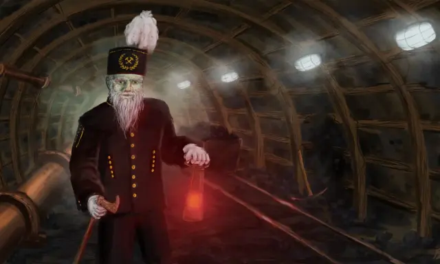 Opiekuńczy duch kopalni, z latarką w dłoni, czuwa nad górnikami w ciemnym tunelu.