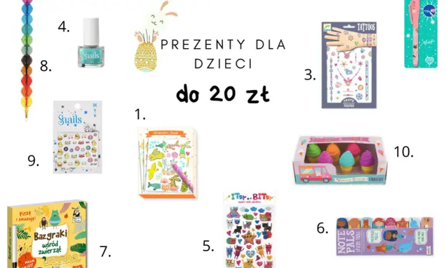 Wielkanocne prezenty dla dzieci do 20 zł: tatuaże, magiczne długopisy, naklejki, lakiery do paznokci, mazaki i gumki w kształcie lodów.