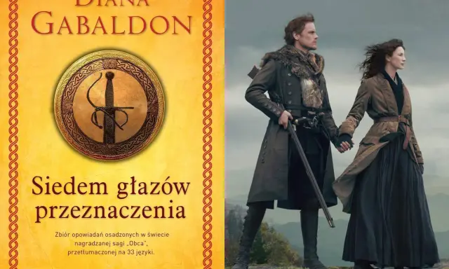 Okładka książki Diany Gabaldon "Siedem głazów przeznaczenia" i para z serialu "Outlander". Idealne dla fanów sagi Diana Gabaldon kolejność.