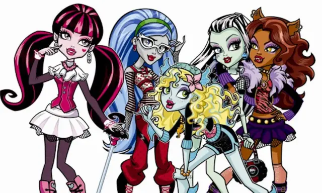 Pięć kolorowych, stylowych **monster high postaci damskich** pozuje razem, każda z unikalnym wyglądem i osobowością.