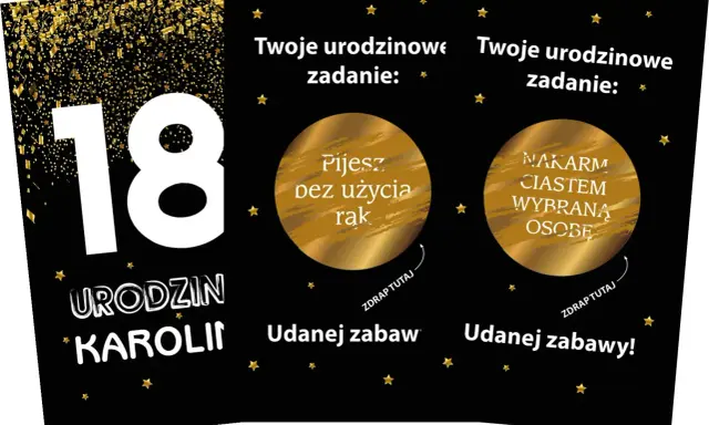 Złote karty z zadaniami na 18 urodziny: "Pijesz bez użycia rąk" i "Nakarm ciastem wybraną osobę". Udanej zabawy!