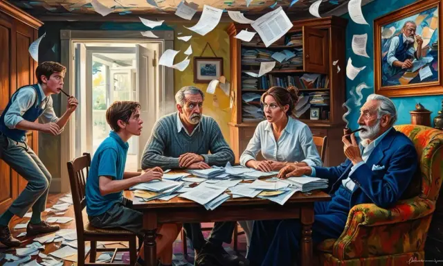 Rodzina przy stole, przytłoczona papierami, tworzy chaos. Stary pan pali fajkę, jakby podsumowywał całą sytuację.