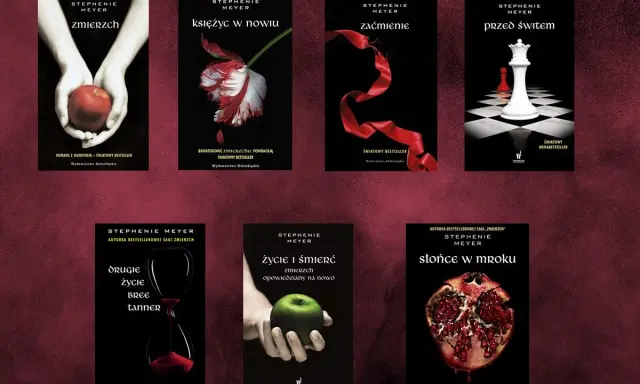 Okładki książek sagi Zmierzch: Zmierzch, Księżyc w nowiu, Zaćmienie, Przed świtem, Drugie życie Bree Tanner, Życie i śmierć, Słońce w mroku.