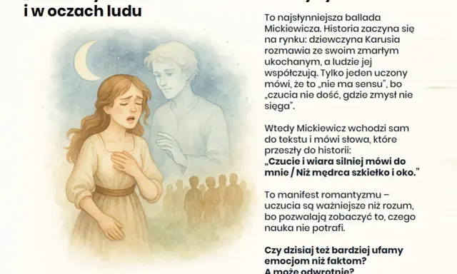 Ilustracja do ballad i romansów: dziewczyna wpatrzona w księżyc, obok niej duch ukochanego, w tle tłum.
