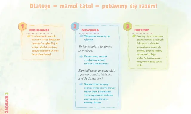 Zabawy zapoznawcze dla dzieci: dmuchanki, suszarka i faktury. Rozwijamy zmysły i uczymy rozróżniać strony ciała.