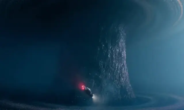 Mroczna, wirująca struktura przypominająca drzewo w **stranger things upside down**. Mały pojazd z czerwonym światłem zbliża się do niej.