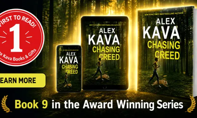 Kolejność książek Alex Kava: okładka "Chasing Creed" na telefonie, tablecie i w formie fizycznej. Numer 9 w serii.