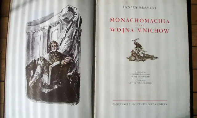 Otwarta księga z ilustracją i tekstem "Monachomachia czyli Wojna Mnichów" Ignacego Krasickiego. To satyra do króla, która w dowcipny sposób ukazuje spory między zakonnikami.