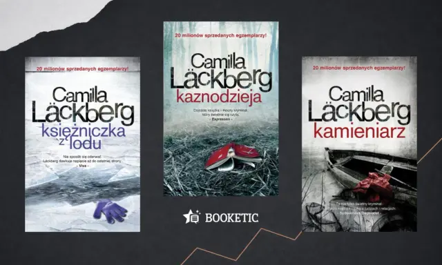 Okładki książek z serii Camilla Läckberg: "Księżniczka z lodu", "Kaznodzieja" i "Kamieniarz".