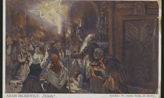 Scena z "Dziadów" cz. 4: tłum ludzi wpatruje się w aniołka, który mówi "Do mamy lecim, do mamy".