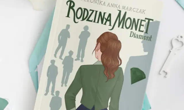 Okładka książki "Rodzina Monet. Diament" z sylwetkami postaci i zielonym klejnotem.