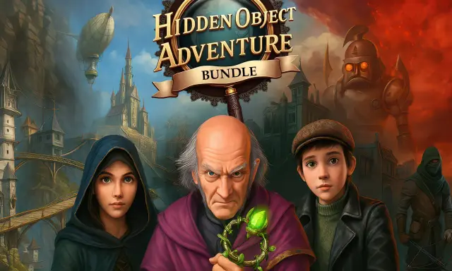 Trzy postacie, w tym starszy mężczyzna z magiczną laską, młody chłopiec i dziewczyna w kapturze, zapraszają do świata gier typu hidden objects.