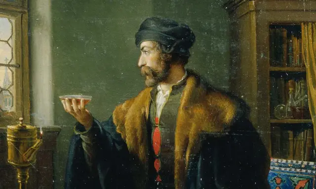 Mężczyzna w bogatym stroju trzyma kielich z płynem. Scena przypomina streszczenie "Fausta", pełne tajemnic i alchemii.