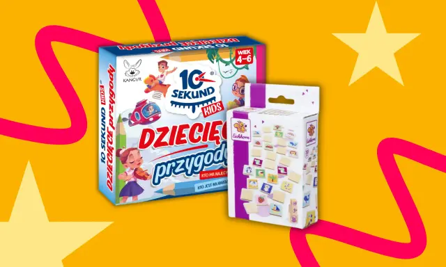Dwie gry planszowe dla dzieci: "10 Sekund Dziecięce Przygody" i "Eichhorn". Idealne zabawy rywalizacyjne dla najmłodszych.