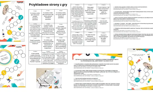Gra w skojarzenia: plansza z pytaniami o asertywności, emocjach i relacjach.