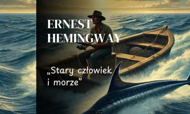 Stary człowiek w łodzi walczy z wielkim marlinem. Obraz nawiązuje do streszczenia "Stary człowiek i morze" Hemingwaya.