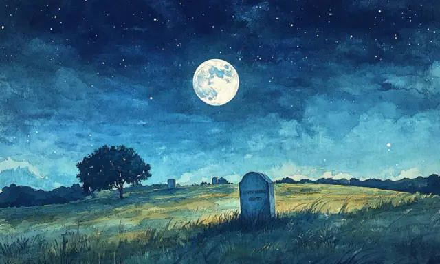Nocny krajobraz z księżycem, gwiazdami i nagrobkiem na wzgórzu.