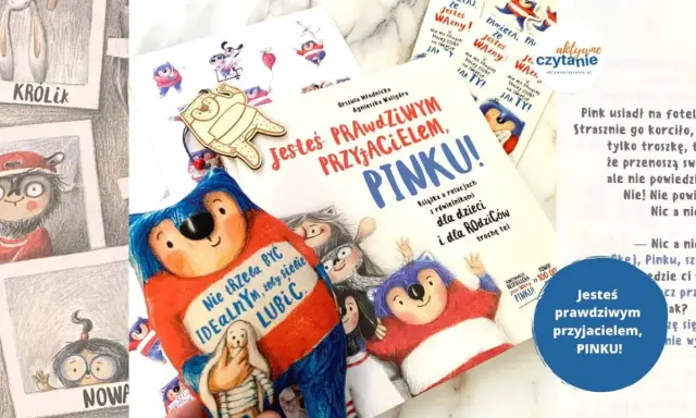 Książki o Pinku: "Jesteś prawdziwym przyjacielem, Pinku!" i ilustracje z postaciami.