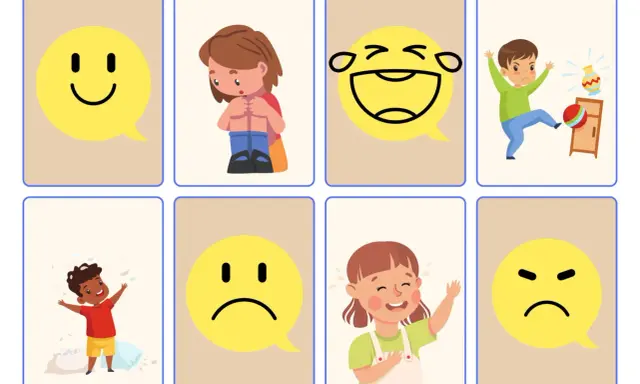 Zestaw kart do nauki emocji dla dzieci: uśmiechnięta buźka, smutne dziecko, śmiejąca się buźka, zły chłopiec, radosny chłopiec, smutna buźka, płacząca dziewczynka, zła buźka.