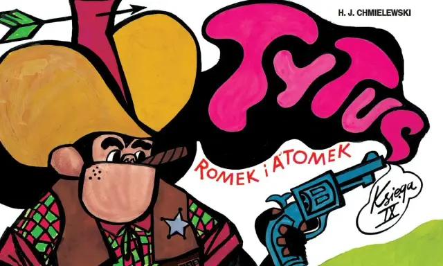 Szeryf z cygarem i rewolwerem, w kapeluszu kowbojskim. Okładka komiksu "Romek i Atomek", część serii o dzikim zachodzie.