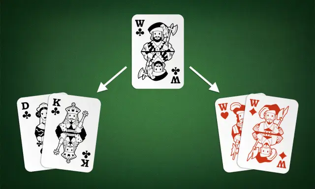 Ilustracja pokazuje, jak grać w karty. Król i Dama kierów po lewej, Król karo i Król pik po prawej, a w środku Król trefl.