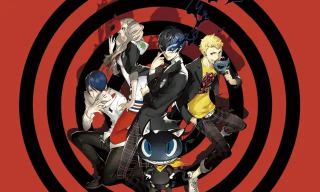 Postacie z gry Persona 5, która jest przykładem gatunku jrpg co to, pozują na tle czerwono-czarnych kręgów.