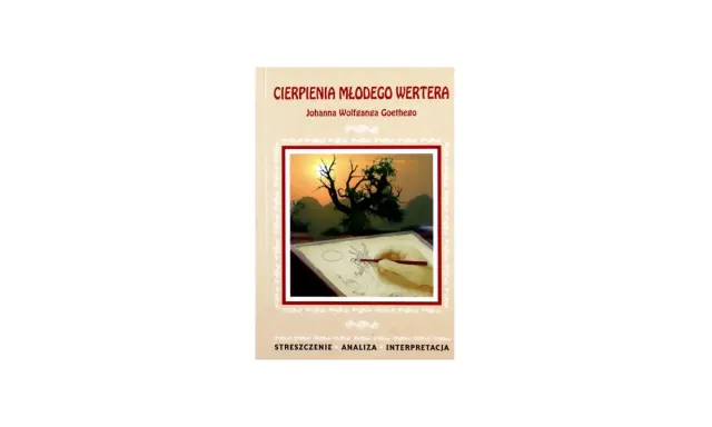 Okładka książki "Cierpienia młodego Wertera" z rysunkiem i streszczeniem.