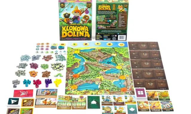 Gra planszowa "Klonowa Dolina" z planszą, kartami i żetonami. Zwierzątka wyruszają na przygodę w malowniczej dolinie.