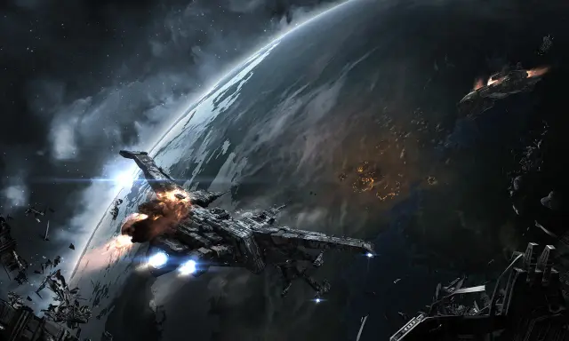 Bitwa kosmiczna nad planetą, zniszczone statki i szczątki. To może być scena z gry, która doczekała się **eve online spolszczenie**.